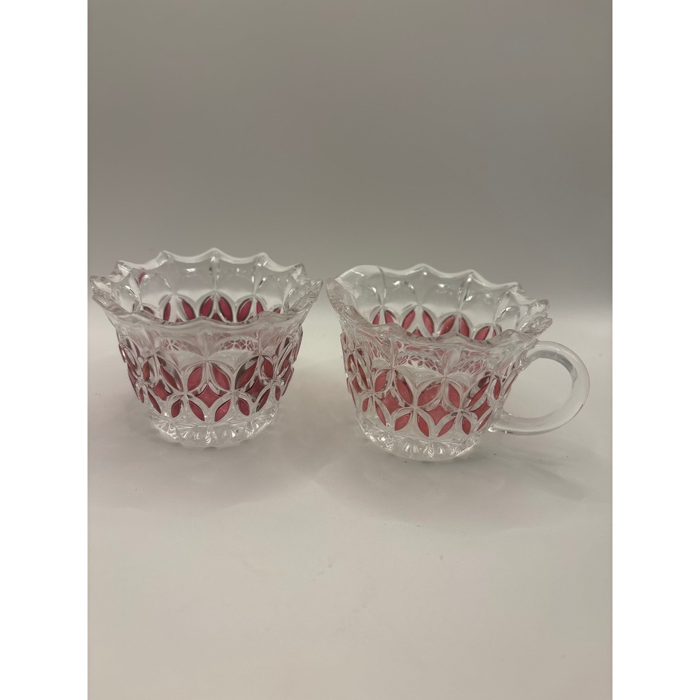 Vintage Ruby Red Stained Clear Glass Creamer and Sugar Bowl Set Sawtooth Rim